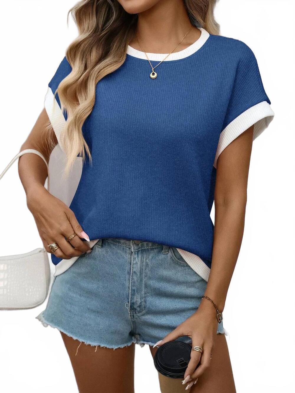 NEW LOVESOFT contrast trim knit top in blue/ white